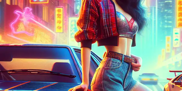 A vibrant night scene featuring vintage race cars and a glamorous woman in a neon-lit city.