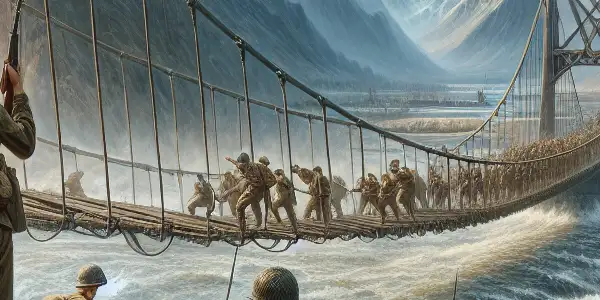 Red Army soldiers storm an old iron chain bridge in a dramatic mountainous landscape, embodying bravery and urgency.
