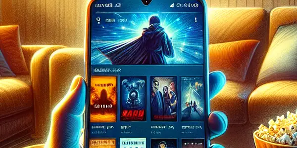 A modern mobile phone displaying a vibrant streaming app interface in a cozy living room with popcorn and soft lighting.
