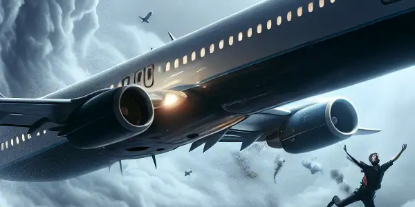 A large commercial airplane in a turbulent dive, with passengers displaying fear and bravery amidst dark storm clouds.