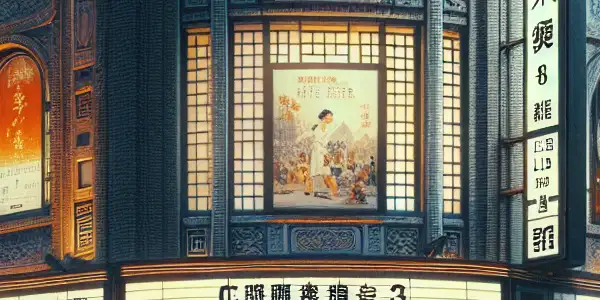 A vibrant scene of the Capital Cinema in Beijing, bustling with diverse people and vintage movie posters.
