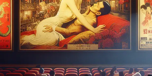 A dimly lit movie theater filled with diverse film enthusiasts, showcasing vintage Hong Kong Category III film posters and decor.