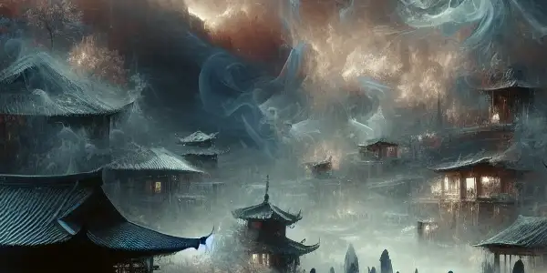 A haunting village shrouded in mist, featuring ghostly figures and traditional Chinese architecture, evokes eerie suspense.