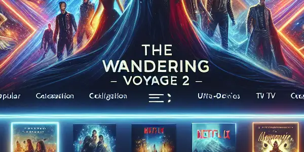 A modern streaming website interface featuring vibrant movie posters, a prominent film banner, and multi-device support icons.