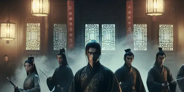 A group of determined warriors in dark robes stands in a dimly lit Ming Dynasty courtyard, surrounded by flickering lanterns.
