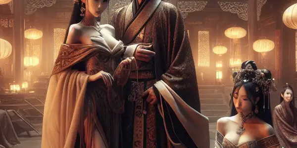 A lush Ming Dynasty courtyard featuring a charming man and two alluring women, conveying desire and intrigue.