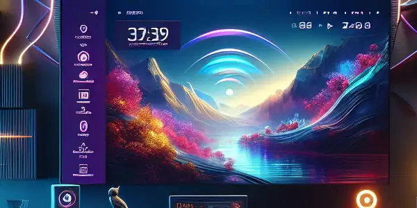 A sleek, futuristic living room with a large 4K screen, ambient lighting, and advanced technology elements.