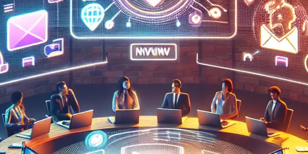 A diverse group collaborating in a modern workspace focused on sharing high-quality adult video content safely and legally.