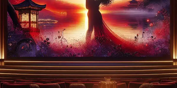 A luxurious home theater showcasing an abstract romance scene, featuring plush seating and sophisticated decor.