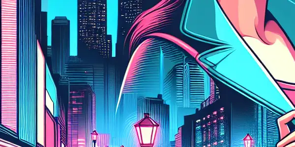 A vibrant urban nightlife scene featuring a stylish young woman amidst neon lights and bustling city activities.