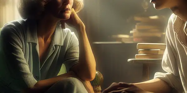 A middle-aged woman and a young man share an intimate moment on a green chair in a dimly lit room.