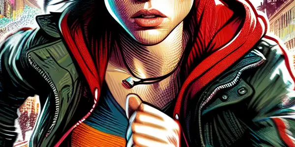 A spirited girl with red hair runs through a bustling urban scene, embodying determination and urgency.