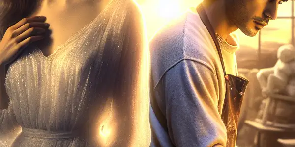 A male sculptor in a dim studio, with an ethereal woman in a white dress, evokes mystery and nostalgia.<a href=