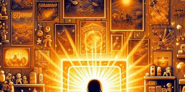 A cozy room filled with retro gaming memorabilia, featuring a person joyfully playing an old-school video game.