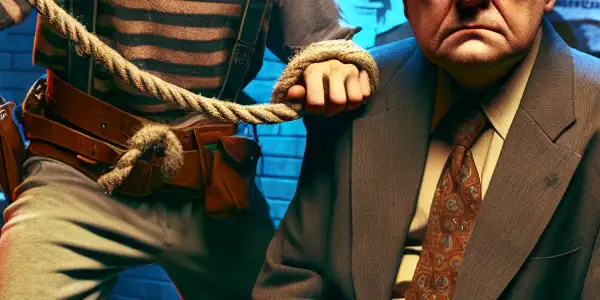 A scruffy kidnapper and bemused debtor in a chaotic, humorous setting filled with mismatched props and vibrant colors.