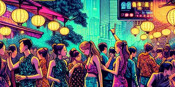 A lively outdoor nightclub scene in Hong Kong's Lan Kwai Fong, filled with young people dancing and socializing under neon lights.