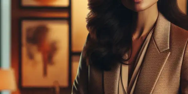 Confident female leader in a luxurious office, exuding charisma and professionalism amidst modern decor and artistic elements.