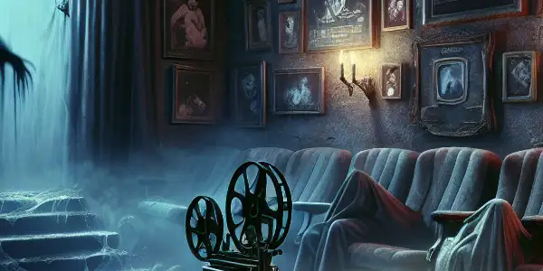A dimly lit room filled with vintage horror movie posters, a ghostly figure in a cracked mirror, and flickering shadows.