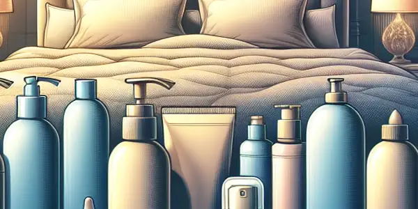 A modern selection guide featuring various lubricant bottles in a warm, inviting, and intimate setting.