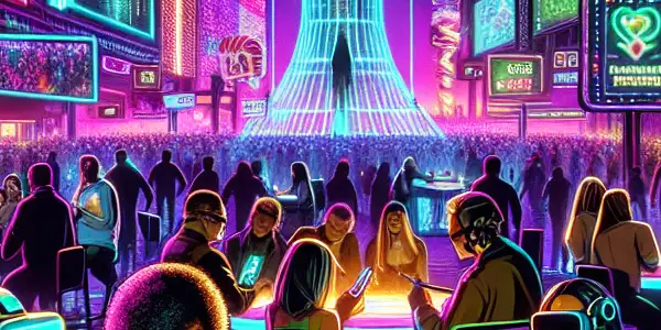 A lively futuristic Las Vegas venue showcasing diverse adults enjoying virtual reality parties and interactive adult entertainment expos.