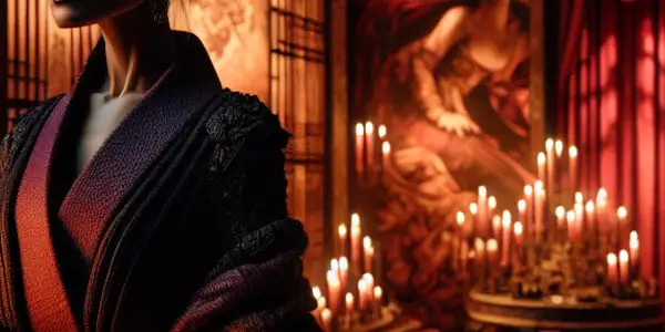 A strong female figure in an elegant gown contemplates in a candle-lit room, hinting at complex relationships.