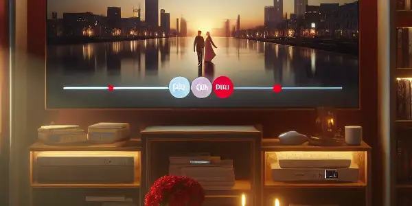 A cozy living room with a large TV showing a romantic film, featuring plush furniture and a warm, inviting atmosphere.