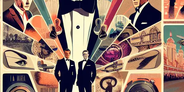 A dynamic collage showcasing the evolution of James Bond, featuring iconic cars, actors, and thrilling scenes from the film series.