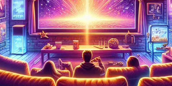 A cozy home theater with a large screen, popcorn, and movie posters, showcasing a movie rating guide atmosphere.