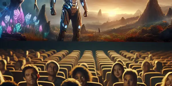 A lively movie theater filled with excited fans watching a captivating film trailer, featuring scenes from "Avatar 2" and "Black Panther 2."