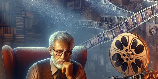 A thoughtful cinephile analyzes a film script in a cozy study filled with film memorabilia and classic movie elements.