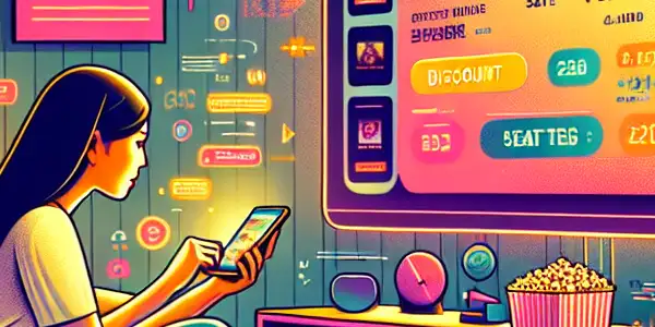 A cozy home scene with a person buying movie tickets on a smartphone, surrounded by snacks and a movie poster.