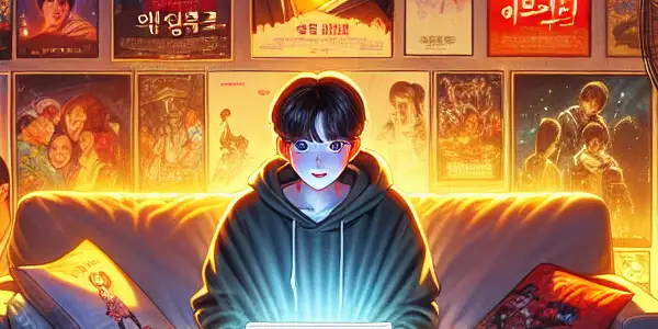 A cozy room filled with Korean film memorabilia, a young enthusiast enjoying a movie night with snacks.
