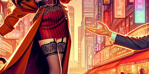 A fashionable couple playfully interacts in a romantic cityscape at dusk, surrounded by cozy cafes and neon signs.<a href=