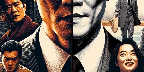 A cinematic poster showcasing Tony Leung Ka-fai's contrasting roles in a thriller and a romantic comedy.