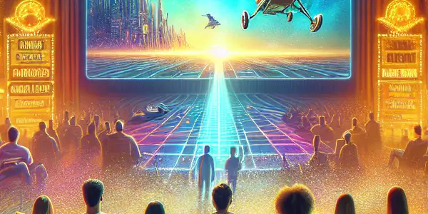 A cozy home theater with diverse movie enthusiasts enjoying a captivating film on a large screen, surrounded by warm lighting and snacks.