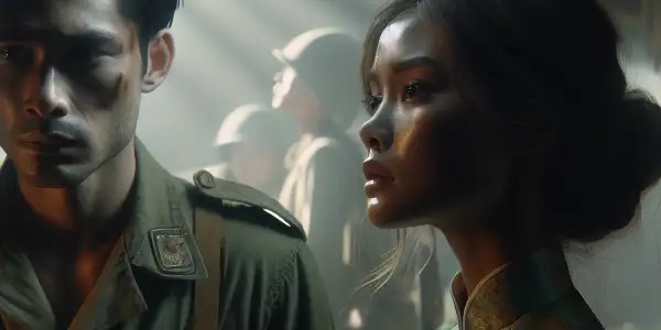 A military officer and a woman in traditional attire share a moment of love and sorrow in a war-torn tent.