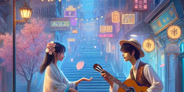 A romantic encounter between a young girl in pastel clothing and a street musician in a bustling, moonlit Macau.