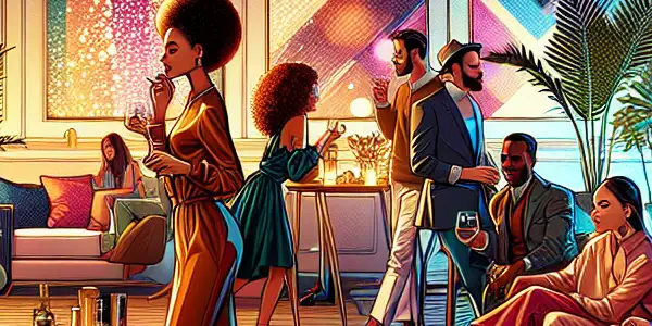 A lively adult film scene featuring diverse characters in a warm, elegantly decorated setting, celebrating intimacy and connection.