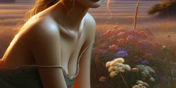 A young woman kneels in lush grass, surrounded by wildflowers, under a dreamy sunset, embodying innocence and exploration.