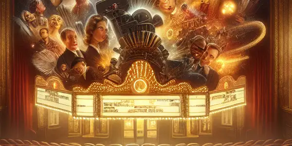 A vintage cinema scene featuring a film reel unspooling vibrant images of romance and intrigue, evoking nostalgia.