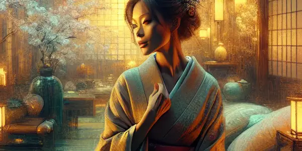 A widowed figure in a kimono, surrounded by a romantic Japanese setting, embodies longing and resilience.