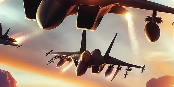 Aerial dogfight between fighter jets at sunset, with a determined pilot and a cityscape silhouette below.