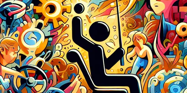 A vibrant movie poster featuring a humorous central character surrounded by whimsical, abstract representations of adventure and adult themes.