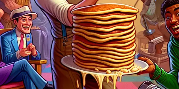 A lively movie set featuring diverse characters in humorous antics, including a clumsy hero flipping a giant pancake.
