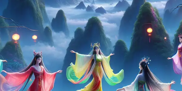 Seven Fairy Maidens dance joyfully in a mystical garden, surrounded by vibrant flowers and glowing orbs under a twilight sky.