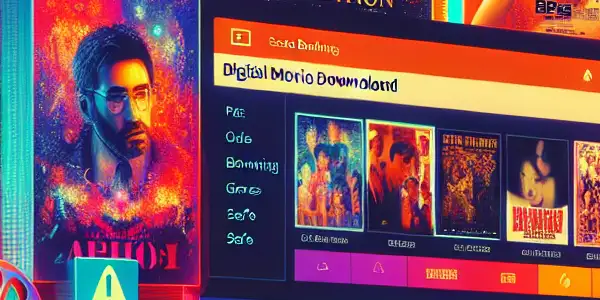 A vibrant digital movie download platform featuring colorful film posters, a user-friendly interface, and symbols of safe browsing.