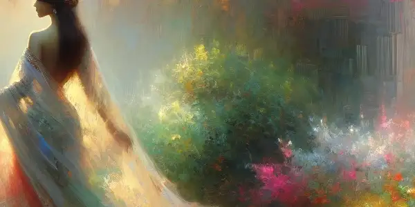 A serene outdoor scene featuring an elegant figure amidst lush greenery and blooming flowers, evoking intimacy and beauty.