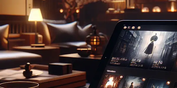 A modern digital interface showcasing Japanese adult films in a cozy, sophisticated setting with warm lighting.