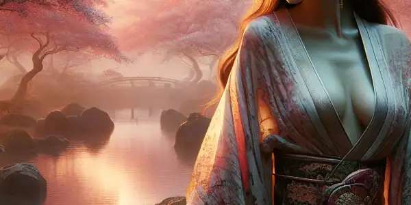 A serene Japanese garden with a confident woman in a flowing kimono, surrounded by cherry blossoms and a gentle stream.