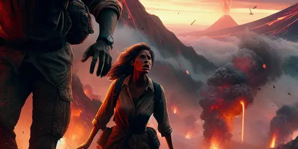A man and woman navigate a volcanic eruption, facing chaos amid flowing lava and thick smoke.